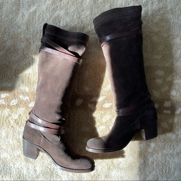 Frye Jane Strappy Tall Slouchy Boots In Dark Brown Suede Size 8 - Picture 6 of 13